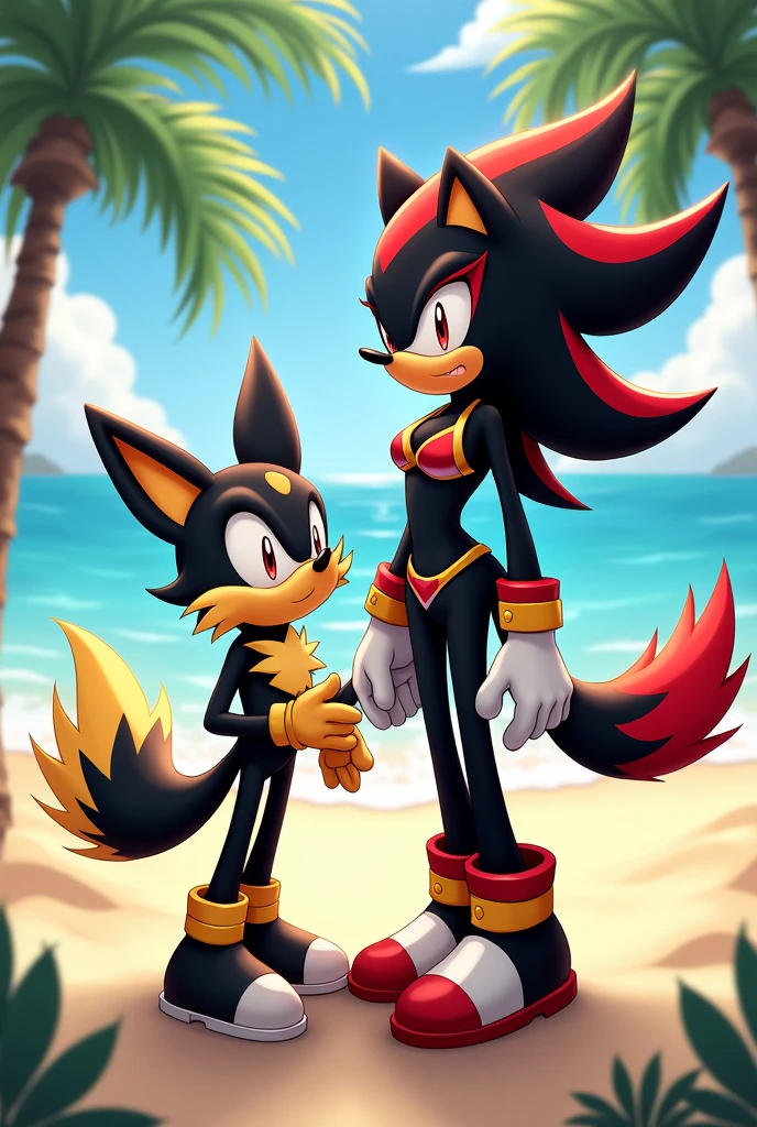 Create Shadow the Hedgehog but in a blushing female version with a bikini and a Pokémon Lucario in shorts