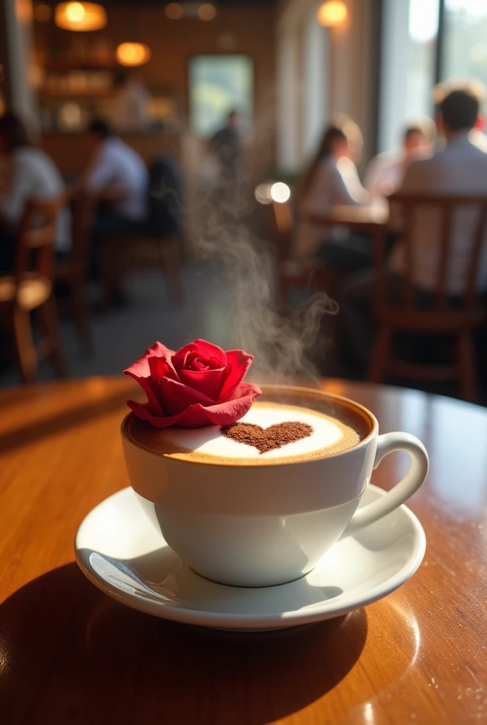 a cup of coffee with a rose on top and a heart