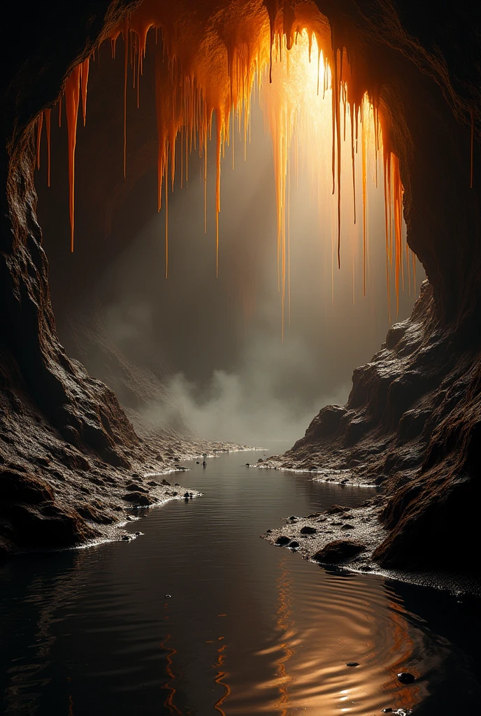 A spooky cave with caramel stalactites and stalagmites, and with chocolate lagoons