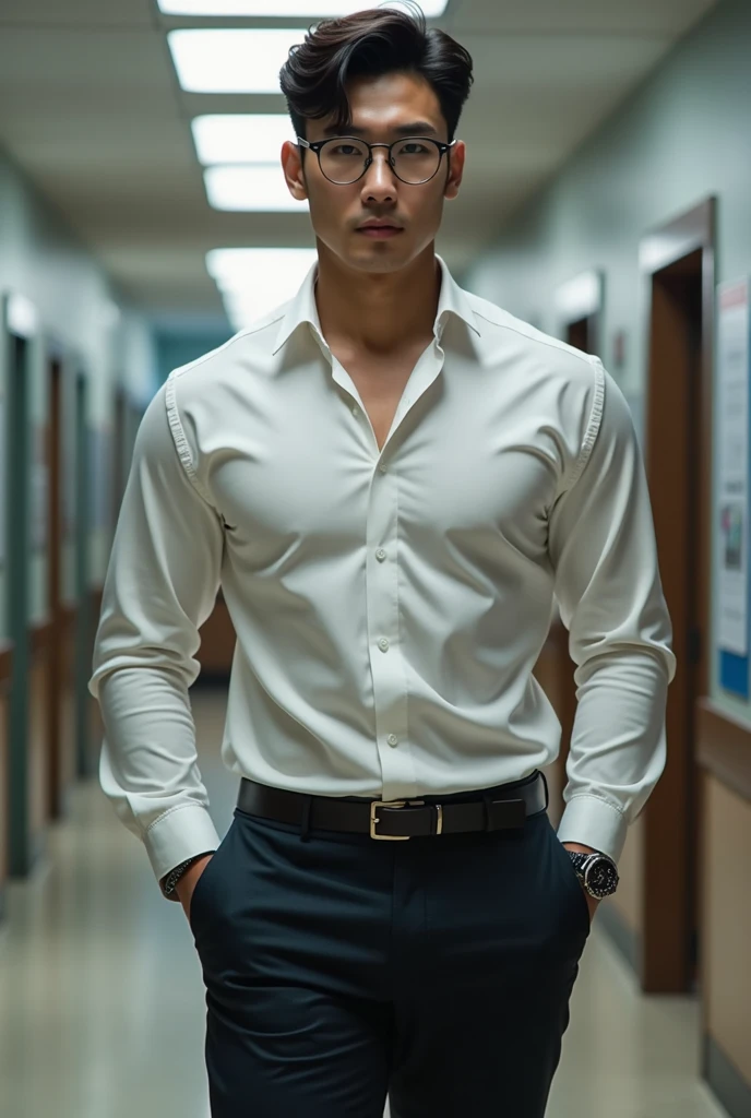 Korean gentleman,super big breasts ,teacher,shiny tight clothes, tanned skin,clean shave,walk the hallway,Handsome and elegant,wear glasses, sexy , Masculine and handsome，musculous，Muscles look good,,, Full body photo,(ultra-detailed, photorealistic, best quality, 4k, 8k, highres, masterpiece:1.3),charming and distinguished , (muscular build body), wearing tailored shiny  dress light colored shirt,  sweat, unbutton buttons shirt, lewd face ,tight chest, sex,See-through shirt, erotic, horny, , Accessories include a luxury wristwatch, in school‎,looking at viewer,muscle veins,no underwear ,Tight shirt makes muscle,unbutton,six pack,