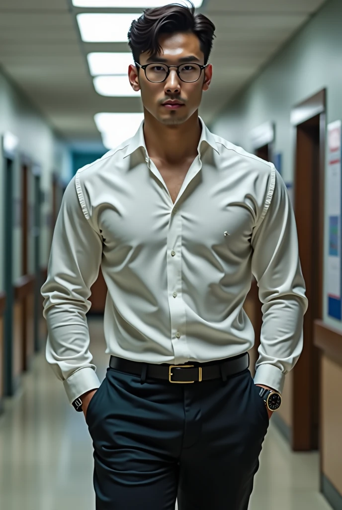 Korean gentleman,super big breasts ,teacher,shiny tight clothes, tanned skin,clean shave,walk the hallway,Handsome and elegant,wear glasses, sexy , Masculine and handsome,musculous,Muscles look good,,, Full body photo,(ultra-detailed, photorealistic, best quality, 4k, 8k, highres, masterpiece:1.3),charming and distinguished , (muscular build body), wearing tailored shiny dress light colored shirt, sweat, unbutton buttons shirt, lewd face ,tight chest, sex,See-through shirt, erotic, horny, , Accessories include a luxury wristwatch, in school,looking at viewer,muscle veins,no underwear ,Tight shirt makes muscle,unbutton,six pack,