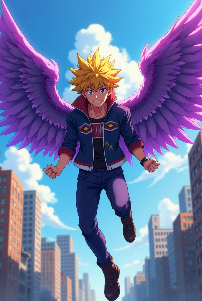 Male character of bokuno hero with purple wings and yellow hair with brown