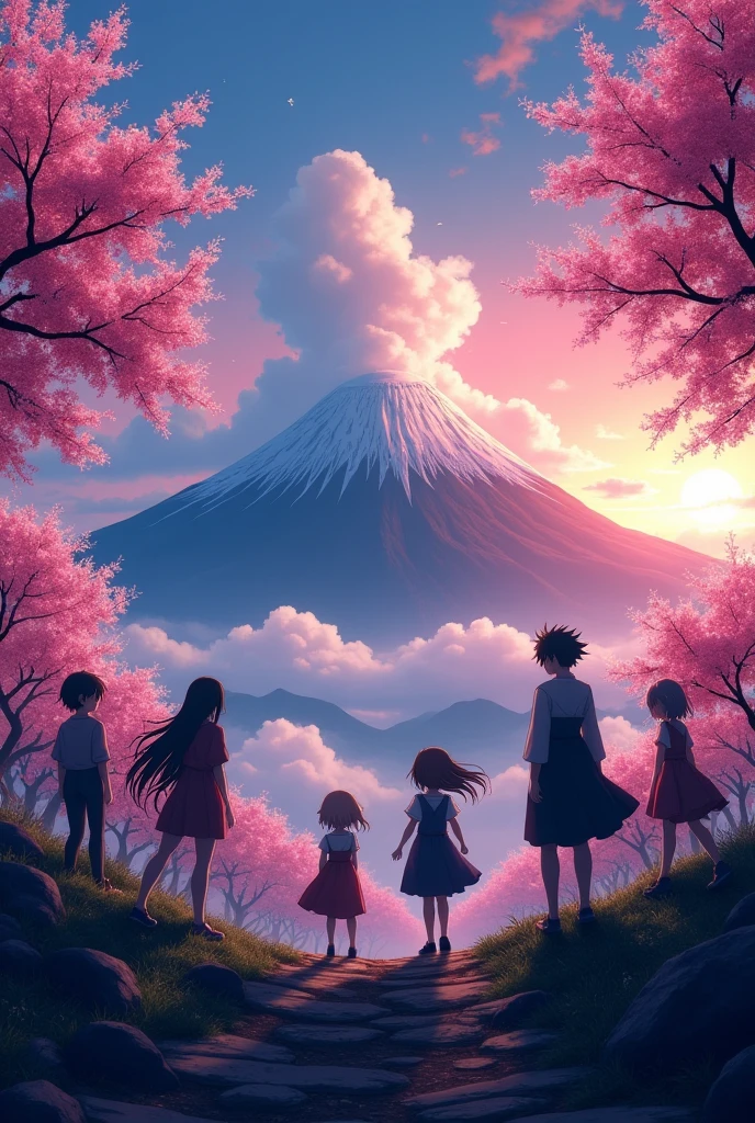 Generate an image for me, a banner with silhouettes of anime characters in a mountain landscape with a volcano mountain with cherry trees