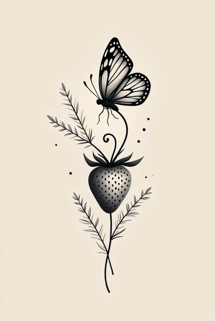A minimalist and creative tattoo that is small in black and white that has a strawberry and a butterfly and looks good 