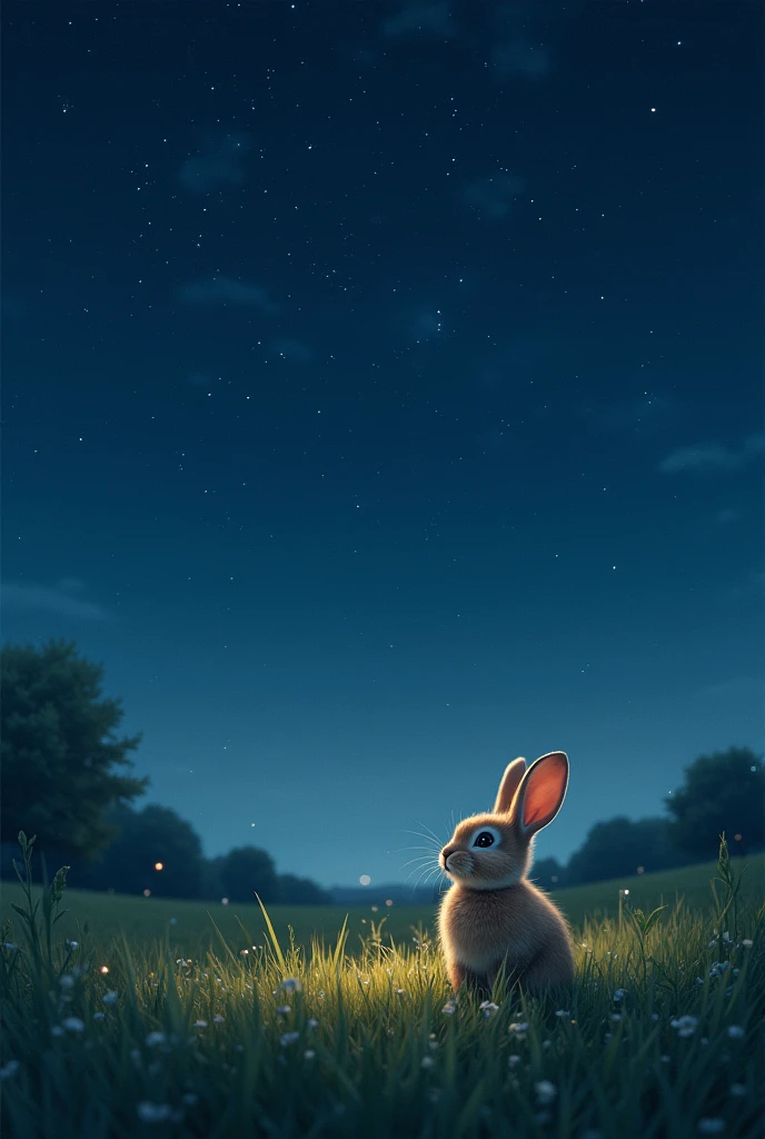 A night with beautiful stars、Grass field on a farm in a rural town、A rabbit is looking up at the starry sky、