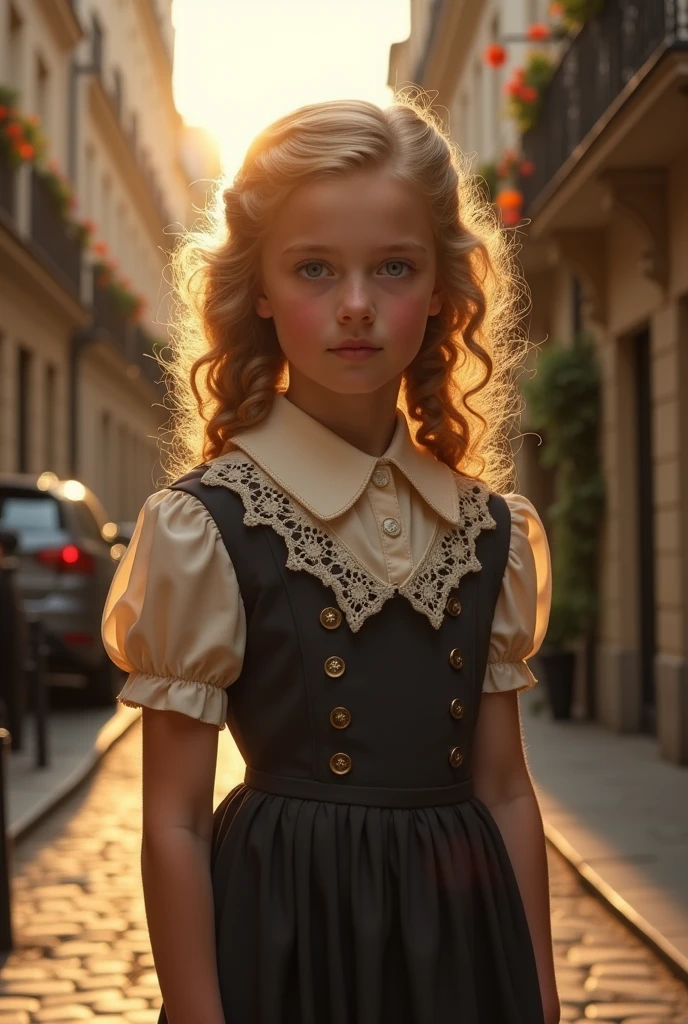 Cosette in a Parisian uniform from the 1800s and as a young girl. Cosette's appearance represented the transition from a mistreated child to one with dignity and respect.. As in his 18-20 years