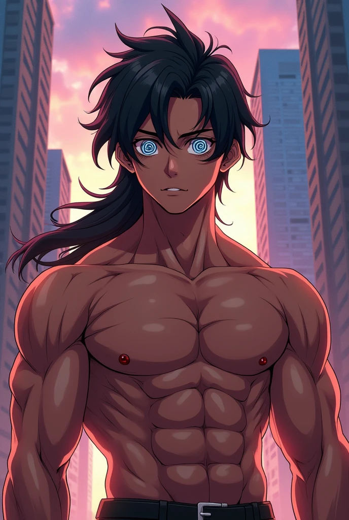 A muscular young man, detailed abs, highly detailed big pecs, exaggerated male anatomy, hypnotized expression, spirals in the eyes, anime style, 8k, hyper detailed, cinematic lighting, dramatic contrast, tanned skin, long black hair,