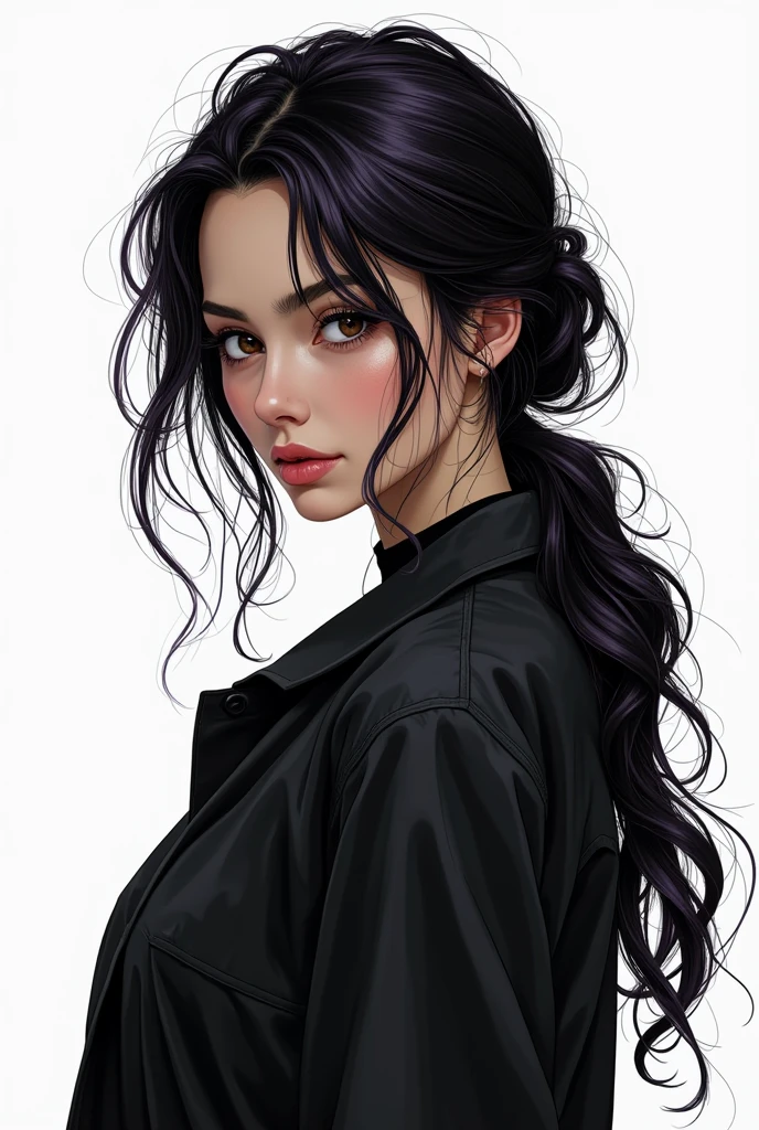 Serious 20 year old college woman with dark expression and sexy frown she has long and very dark hair, with a few purple lighting points. Eyes in a dark brown shade, she usually has a loose bun, wear clothes in neutral colors (usually makes a play with black and gray and white details, It has a kind of dark academia style, no back ground, graphic novel art style