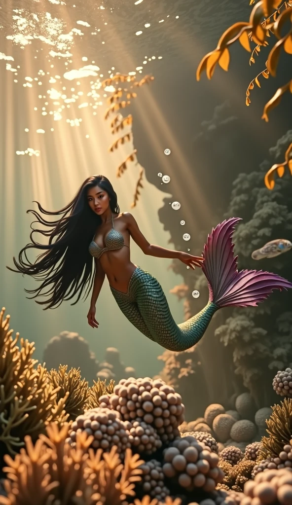 Mermaid with dark skin and black hair, with a very detailed tail with nuances of blue green and lilac and more realistic features