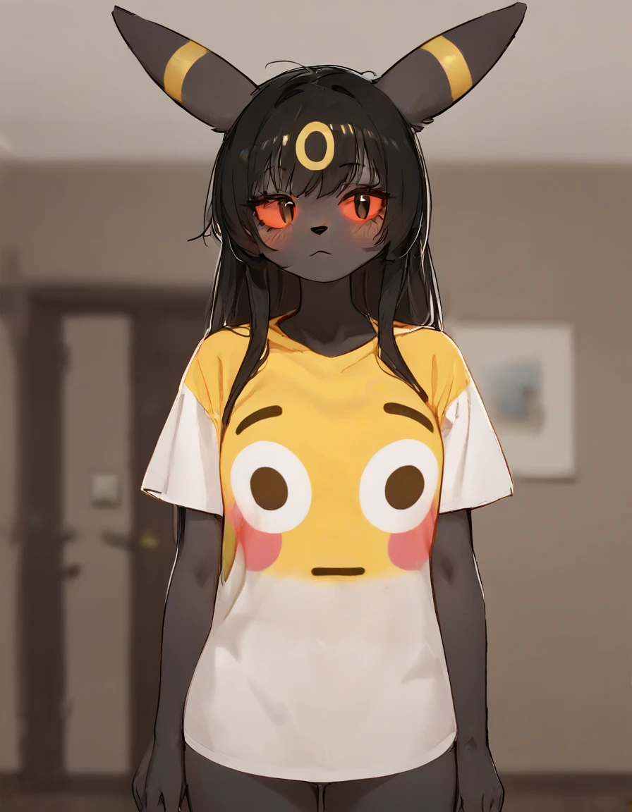 alone, score_9,score_8_up,score_7_up, anthro female umbreon, red sclera, black eyes, standing, flushed_emoji_shirt, simple background, t-shirt, indoors.