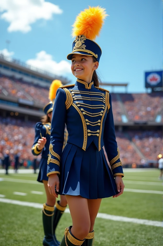 make me an marching band uniform for girls color must be navy blue mixed with gold