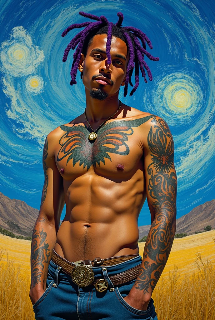 Young trapper 22 years old stylish with small purple dred with fans van gogue version without shirt