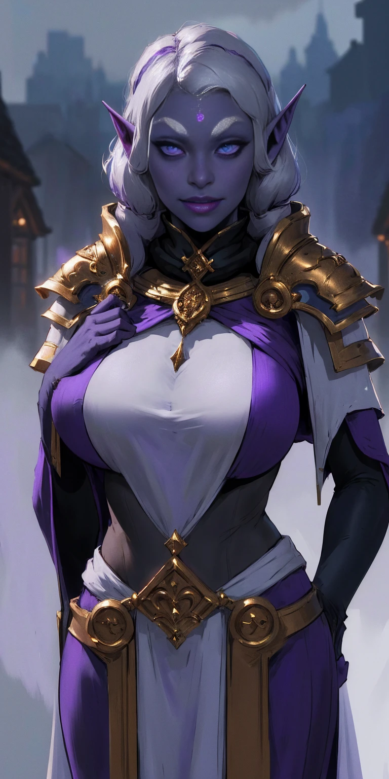 (Female drow elf chest covered very purple skin)(smile) pale golden hair and violet eyes. They prefer clothing of white and silver with cloaks of deep blue or purple, village background, huge knockers, ((very precise detailed)), ((high res)