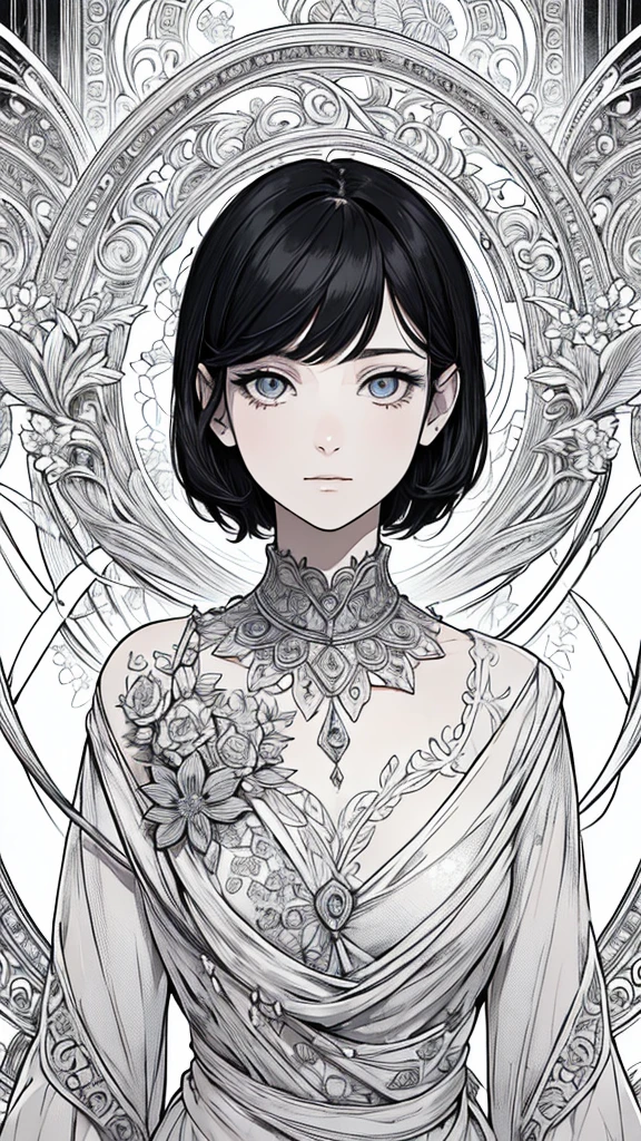 (surrealist), (8k), (very detailed), (best illustration), (beautiful and delicate eyes), (best quality), (very detailed), (masterpiece), (wallpaper), (detailed face), alone, (:1.3), Looking at the audience, exquisite details, black short hair, closed mouth, bangs,