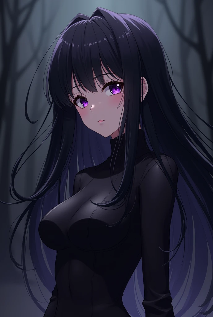 An anime girl, black long hair, matured, purple eyes, warm, slanted eyes, half body, cool pose, dark theme, no bangs