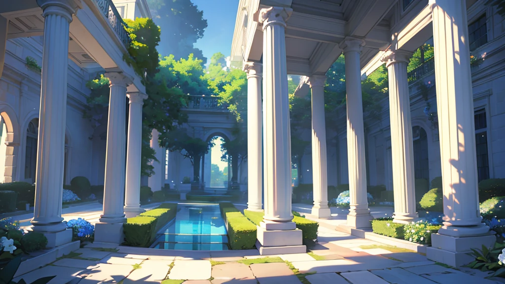 4k ultra high definition, a large courtyard garden large white columns around it with a white tree with blue leaves in the center of it with glowing fruits, many types of shrubs, bushes, flower patches, vivid bright beautiful lush anime style