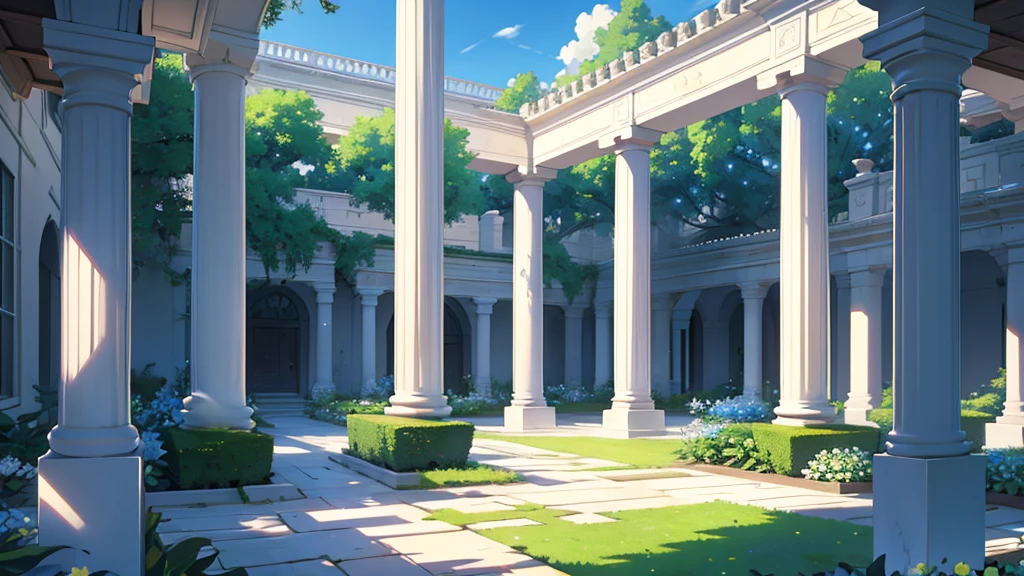 4k ultra high definition, a large courtyard garden large white columns around it with a white tree with blue leaves in the center of it with glowing fruits, many types of shrubs, bushes, flower patches, vivid bright beautiful lush anime style