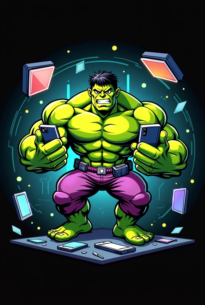 Make a logo where Hulk fixes cell phones in 3D