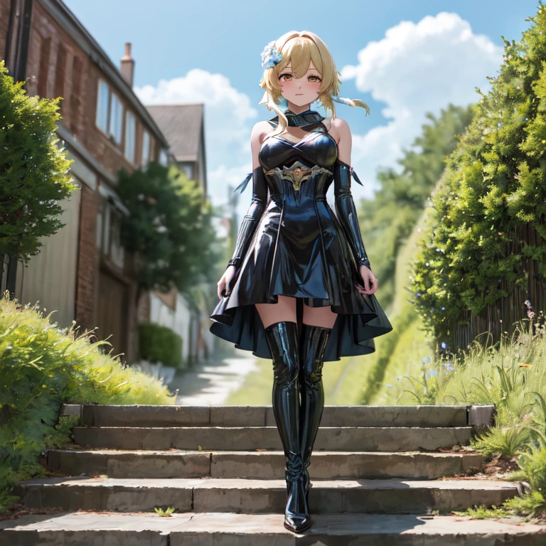 luminedef, whole body, arrogant face , blush, on open air, day, simple background, blue sky, short hair, sky, room, I look at the viewer, standing on the stairs, mountain, moody lighting, Black latex dress, Latex stockings, high heels