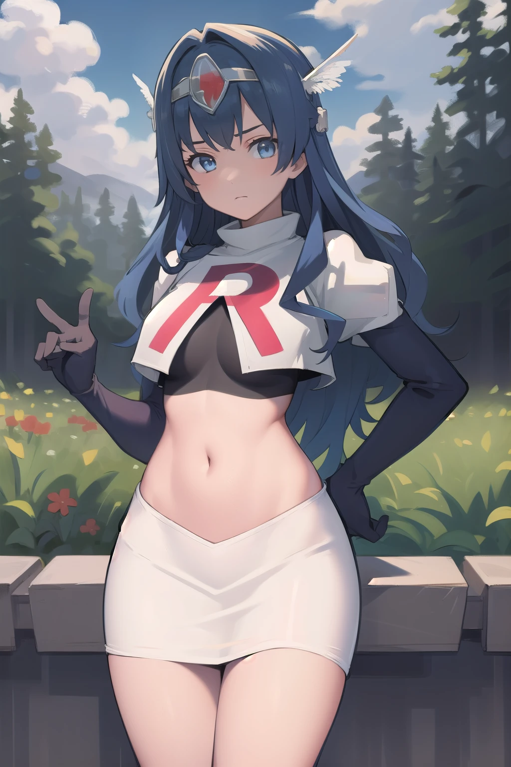 best quality, (masterpiece:1.2), illustration, absurdres,
(1girl, solo), (beautiful detailed girl),
blue hair, long hair, wavy hair, blue eyes, medium breasts,
winged visor, wing ornament, team rocket,team rocket uniform,white skirt,red letter R,crop top,black thigh-highs,black elbow gloves, looking at viewer,
magical forest, flowers, sky, clouds