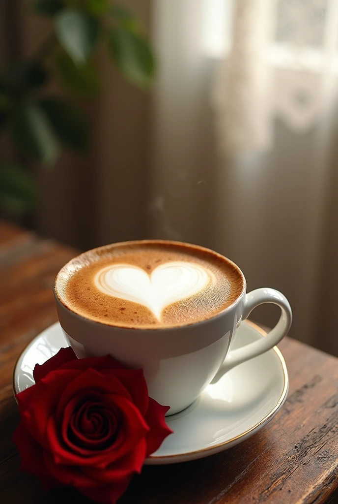 a cup of coffee with a heart on top and a rose