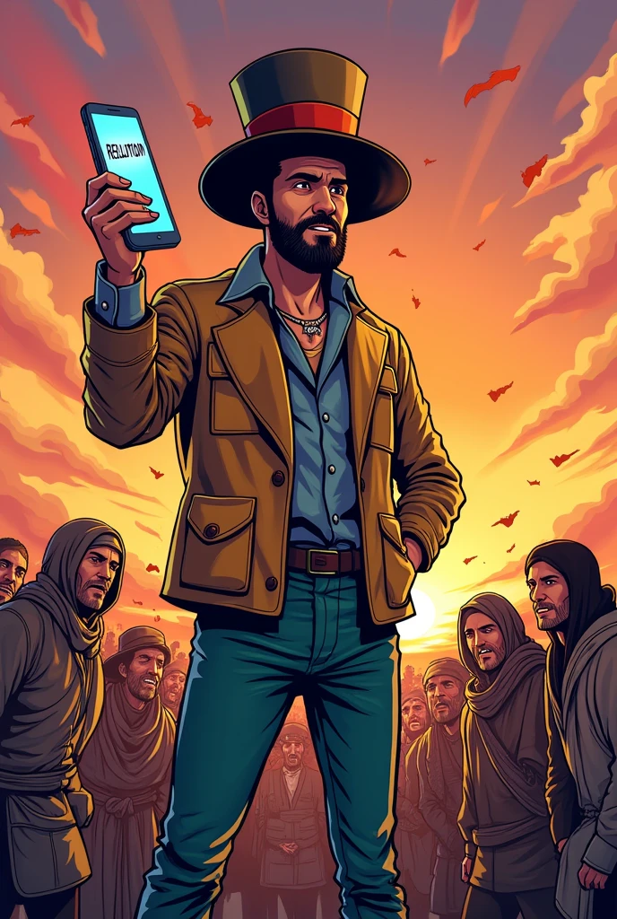 A cartoon where you can see a man with a big hat saying revolution with a state-of-the-art cell phone and behind him poor peasants asking for peace