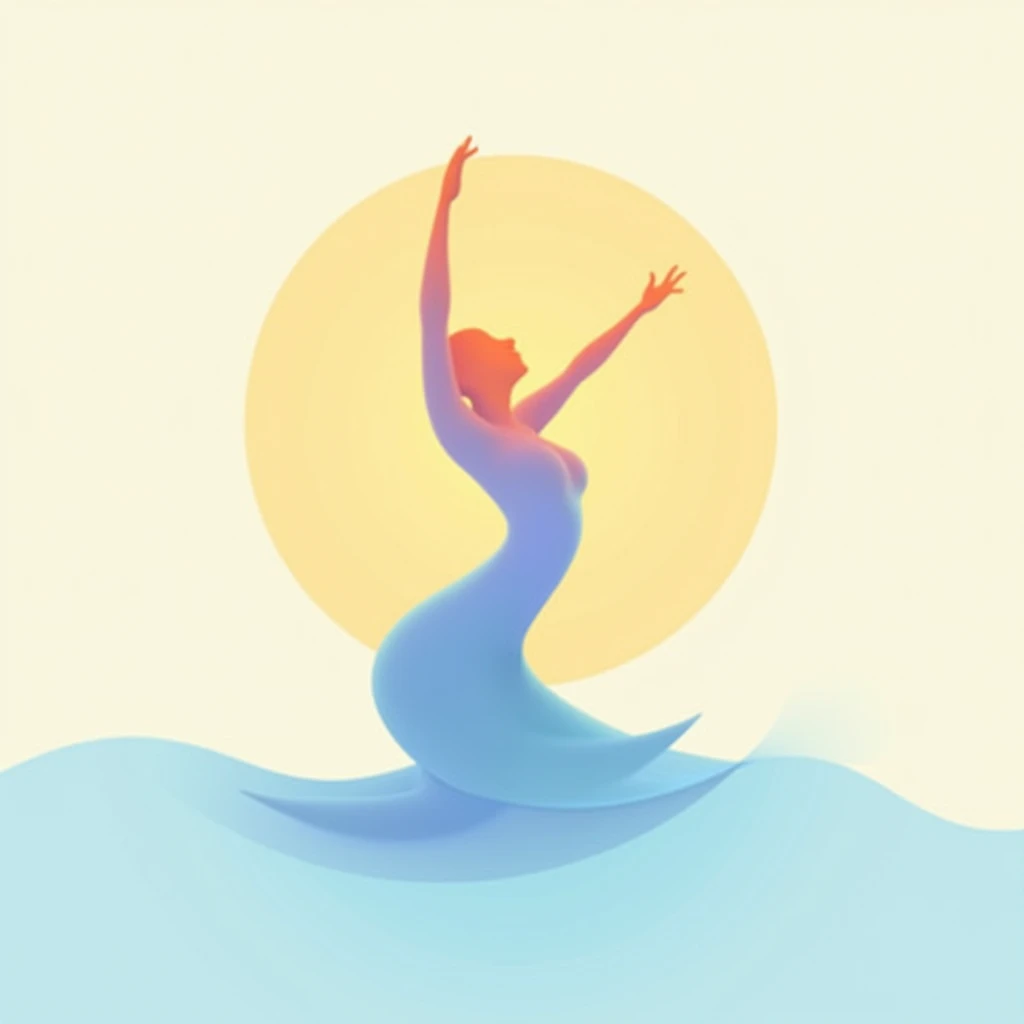 create a logo of an abstract, simplified figure twisting their body and raising their hands towards the sky. the figure should be smooth and flowing, representing flexibility and movement. incorporate a morning theme by using a gradient of light blue to soft orange or yellow to suggest a sunrise. the overall design should feel calm, refreshing, and inspiring.