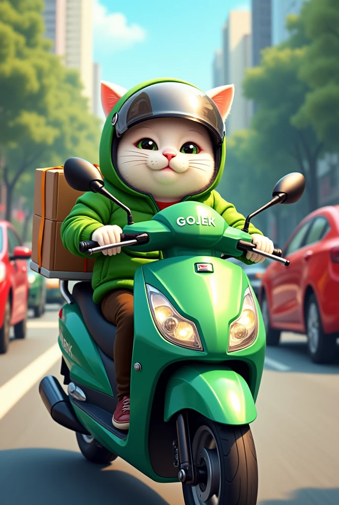 Create an image of a chubby, cute white cat riding a Honda Beat matic motorcycle on a busy road. The cat is wearing a green jacket with the word "GOJEK" printed on it, along with a helmet on its head. It looks happy and content as it navigates through the traffic, with a delivery order strapped securely on the back of the motorcycle. The scene captures the lively atmosphere of a crowded street, with the cheerful cat embodying the spirit of a dedicated delivery driver in an urban setting, Use maximum realism, As in the photo. In the background, draw a clear city without blurring.
