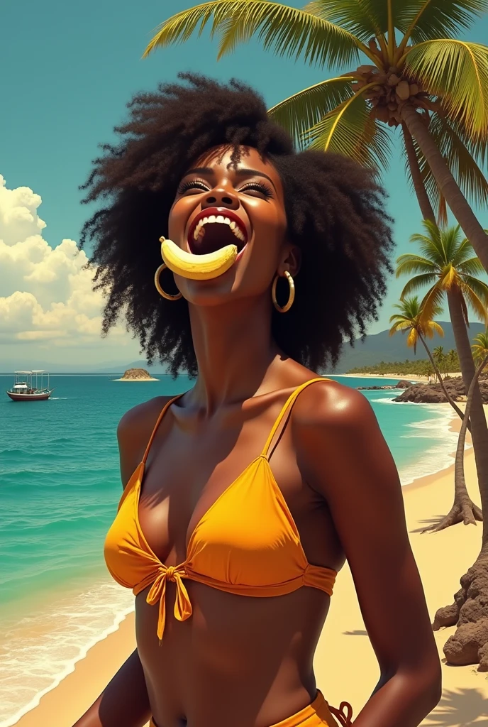 Beautiful Angolan woman、Facing forward、Staring straight ahead、Ecstatic expression、With an erotic look、1 peeled banana、Eating erotically with open mouth。In the background are famous Angolan tourist sites。9:In 16 sizes。With masterpieces of the highest quality。