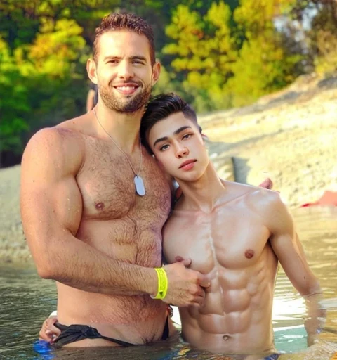 add another very skinny shirtless effeminate gay , hugged, Whole body