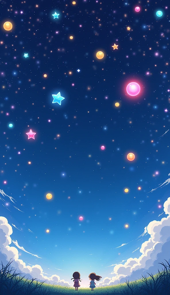 large amount of star-shaped objects of various colors, floating in the sky, chibi characters gazing at them, anime manga illustration cartoon style