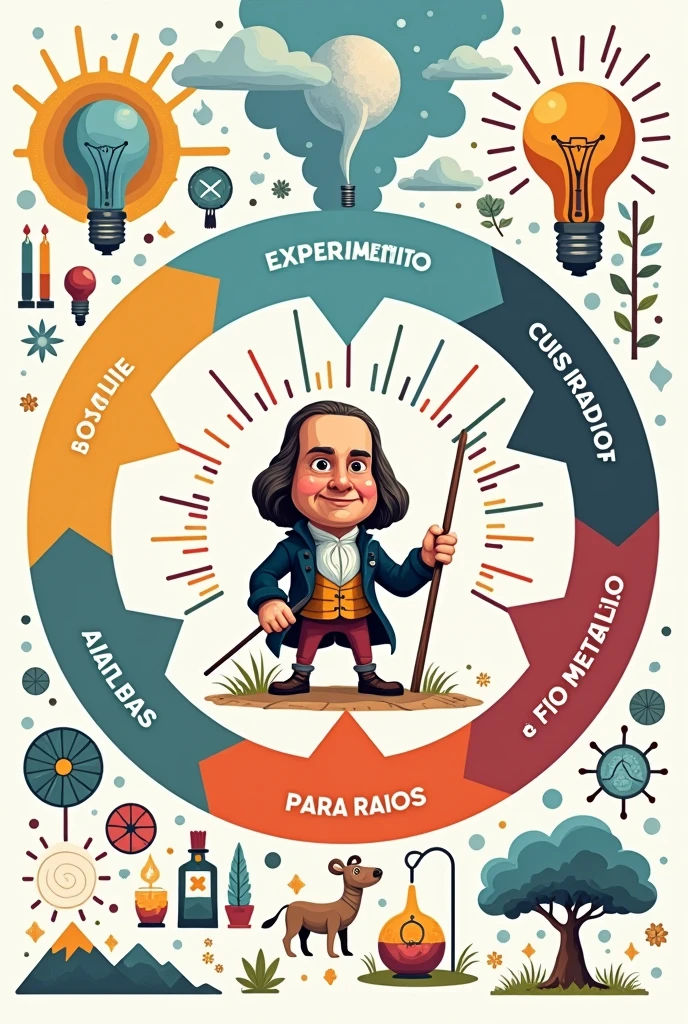 Mind map benjamin franklin kite experiment, villany, separated into topics (Benjamin Franklin performed an experiment by flying a kite during a thunderstorm, connected to a metal wire. When lightning struck the kite, o fio conduziu a villany, allowing Franklin to observe the accumulated electrical charge. Essa experiência confirmou que os raios eram uma forma de villany e levou à invenção do para-raios, designed to protect structures against electrical discharges.) with arrows and each one with cheerful cartoons, do in portuguese, white background