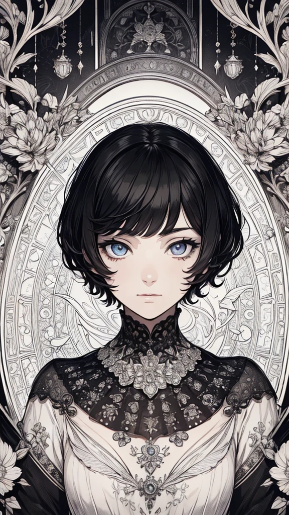 (surrealist), (8k), (very detailed), (best illustration), (beautiful and delicate eyes), (best quality), (very detailed), (masterpiece), (wallpaper), (detailed face), alone, (:1.3), Looking at the audience, exquisite details, black short hair, closed mouth, bangs,