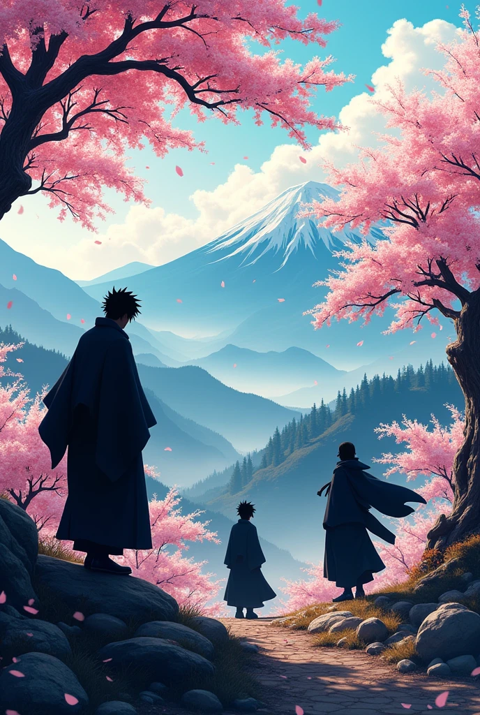 Generate an image for me, A Japanese banner with black silhouettes of anime characters in a landscape with mountains and cherry trees  