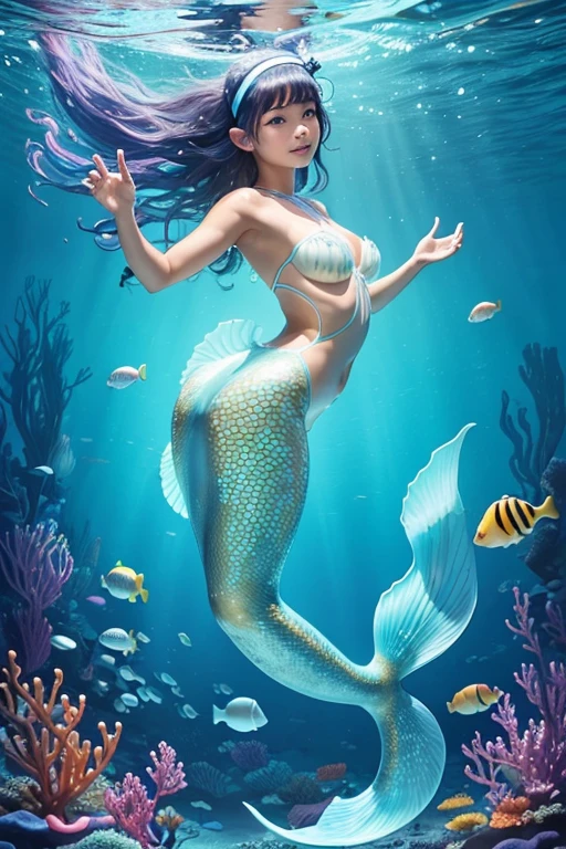 A y 13-yr Asian girl is illuminating(( wearing a fish head band))(( wearing transparent mermaids costume sexull body detail anatomy figure)), wearing transparent one piece scally detailed on skin, wearing scally fish like skin texture body, lifting up plump pussy y blue short hairstyles from the flow water, ((having illuminating fish tails instead of toes))( fish fins ears))(scally illuminating fish arms, torso, bottom, face, neck, shoulder & legs))((showing feets near camera)) (accurate details of hands & fingers)) hard big errect nipples, op splitting position,exposed pussy line, exposeties, exposed pussyliling with teeth ed. Sparkling gray eyes, charms, face details & fucos skin texture colored blue, swimming under the ocean showing corals, urchins, fish, turtle, whale, bubbles of air for accurate background masterpiece ((with full blue gemstone illuminating fish like scales skin textured all over her body)) ((with gills)) swimming with ocean current waves under the sea,( many different perspective view character profile , front view, side view, rear view, of same face & clothing girls posing deferent angle))(( perfect details of mermaid body and tail fin anantomy))