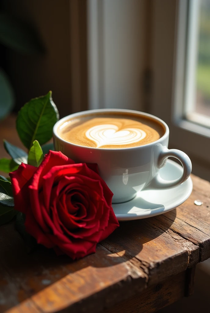 a cup of coffee with a heart on top and a rose