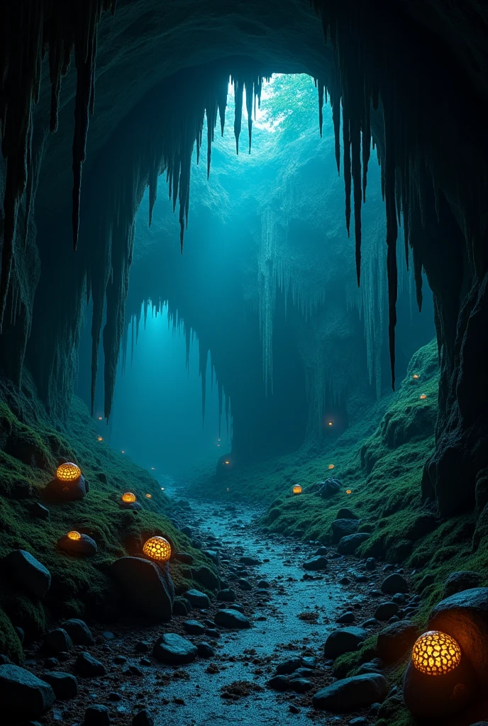 A spooky cave with caramel stalactites and stalagmites