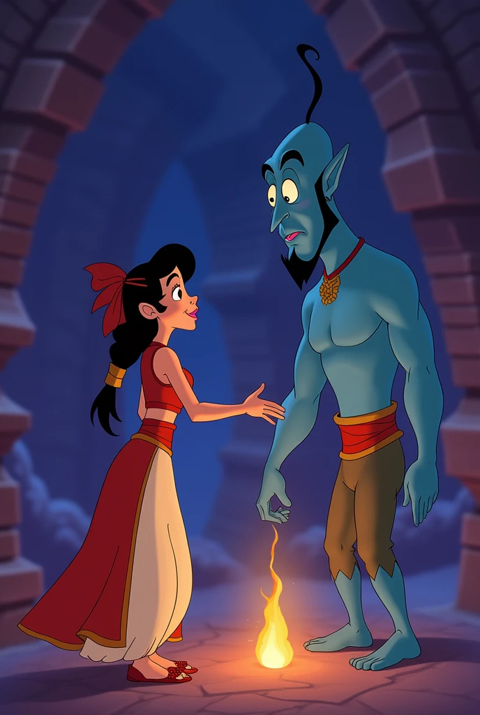 Aladdin, the main character in Aladdin. He is a young man living in poverty in the desert kingdom of Agrabah. He sneaks around to earn his living, but yearns for his late mother and tries to become a man who will one day live up to her shame. He becomes the master of the lamp nymph Jeannie. The jolly lamp nymph Jeanie serves Aladdin, who becomes her master and tries to fulfil his ‘three wishes’. His big eyes should be wide open, reflecting the surreal world of the desert kingdom of Agrabah. Genie, the jolly lamp fairy, Aladdin and the Wizard. The colour palette is a mix of soft pastels and dark, introspective tones, creating a balance between innocence and complex thought.
