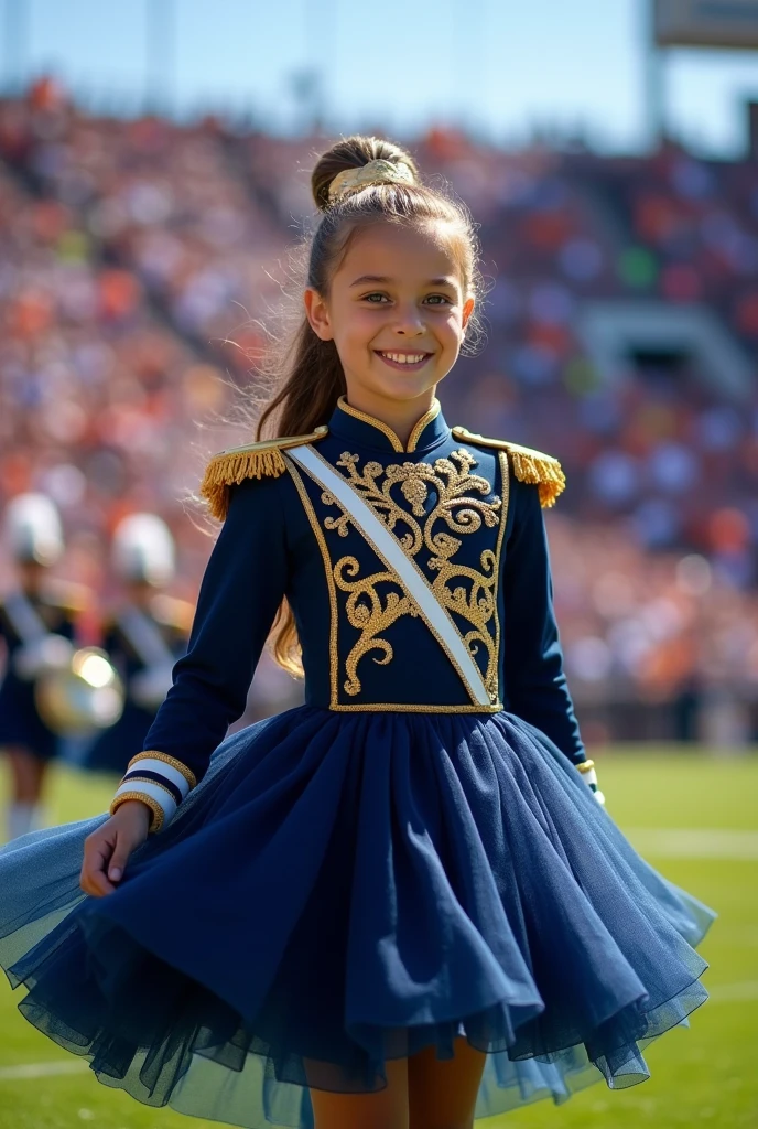 make me an marching band uniform for girls color must be navy blue mixed with gold and white underskirt make the skirt fluffy more like a dress