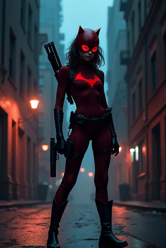 A silhouette of a girl wearing red Catwoman suit, no head gear. Wearing red mascaraed mask. Holding a small gun and bow