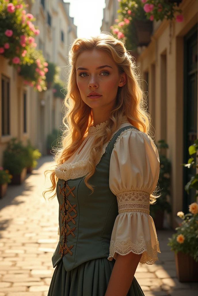 Cosette in a Parisian uniform from the 1800s. Cosette's appearance represented the transition from a mistreated child to one with dignity and respect.. As in her 18-20 years she remembers that she is blonde