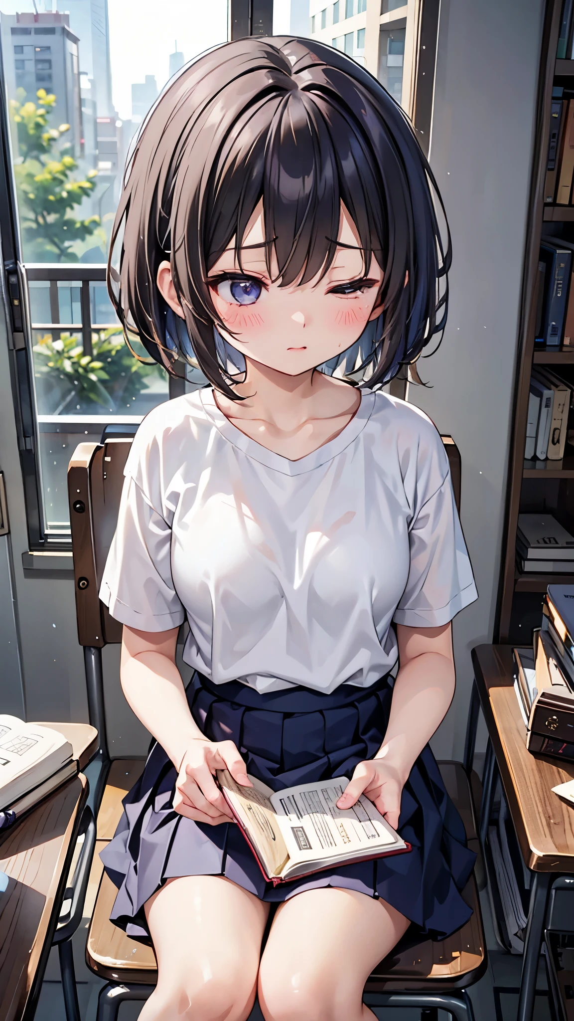 Japanese、One high school girl、Looking down、Looking down、Looking down、Facing depressed、Facing depressed、Eyes closed、Eyes closed、Eyes closed、Short Hair、Short sleeve T-shirt、Very short skirt、Sitting in a chair、Reading a book、Desk in my room、Barely、looking at reference books、Serious expression、Sweating all over the face、The gaze is looking down、Not looking at me、