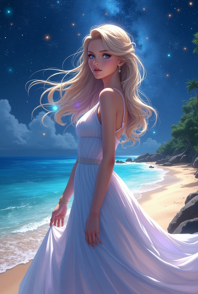 (masterpiece、Highest quality、8k、High resolution)、(The best beautiful girl)、Best Style、(The most beautiful face)、Clear skin、Clean blue eyes、Beautiful lips、Beautiful nose、Blonde Hair、Ample breasts、Walking on the sand、look back、Ocean、You can see the forest、A bright night with stars visible、Beautiful starry sky、milky way、(体whole bodyから神秘的な光の粒子、Colorful Light)、The face looks beautiful、(jewelry、necklace)、dress、(whole body)、Highly detailed anime art、A complete portrayal、