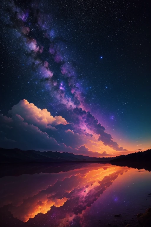 masterpiece, best quality, night sky, cloud, bright colors, purple milky way,