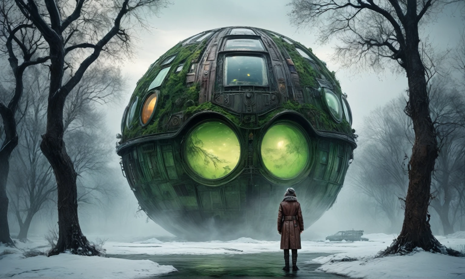 insane pilot from USSR , camouflage Rusty, after a psychiatric clinic,winter,intricate landscape,slate grey atmosphere,film grain,faded,eyes extremely detailed,another world,view from height,once pretty face,eyebrow up,full body shot,ominous landscape, Simon Stalenhag,Nicola Samori,full body shot,beggar paladium The Alien Entity,Technicolor,natural skin textures, hyper realism, hyper detailed,Extremely detailed,High contrast,Masterpiece,Realistic,Ultra Detailed, intricate details,realistic humid leather,extremly intricate,Epic Realistic, cinematic style,irina yermolova,high contrast,hdr,extremely detailed, deep night landscape,masterpiece,intricate details,faded,eyes extremely detailed, high detailed eyes,8k resolution,RAW,retina, Nikon Z9,China,tkt style, transition between two art styles, Ink painting to photorealism, Double contact, X-ray, Creative, vivid light, masterpiece, fantasy, Abstract Surrealism, super detailed, high resolution, stop:35;Her skin is pale, almost translucent,ancient rock,a hot air soars through the layers of clouds, revealing a colossal and enigmatic cityscape nestled within. The buildings in this ethereal city are adorned with intricate details and exude an aura of mystery. Above the cityscape, lend an enchanting touch to the scene. steampunk. The intricate mechanics create a sense of wonder and fascination, as if stepping into a dreamlike realism, Glass sphere, close-up of a planet with a bunch of trees on it, overgrown planet, green planet, Fractal World, A lush world of fantasy, fantasy planet, Dyson sphere,  planetary landscape, round planet inspired by Jofra Bosschart, planet, Future World, psychedelic  Mysterious World