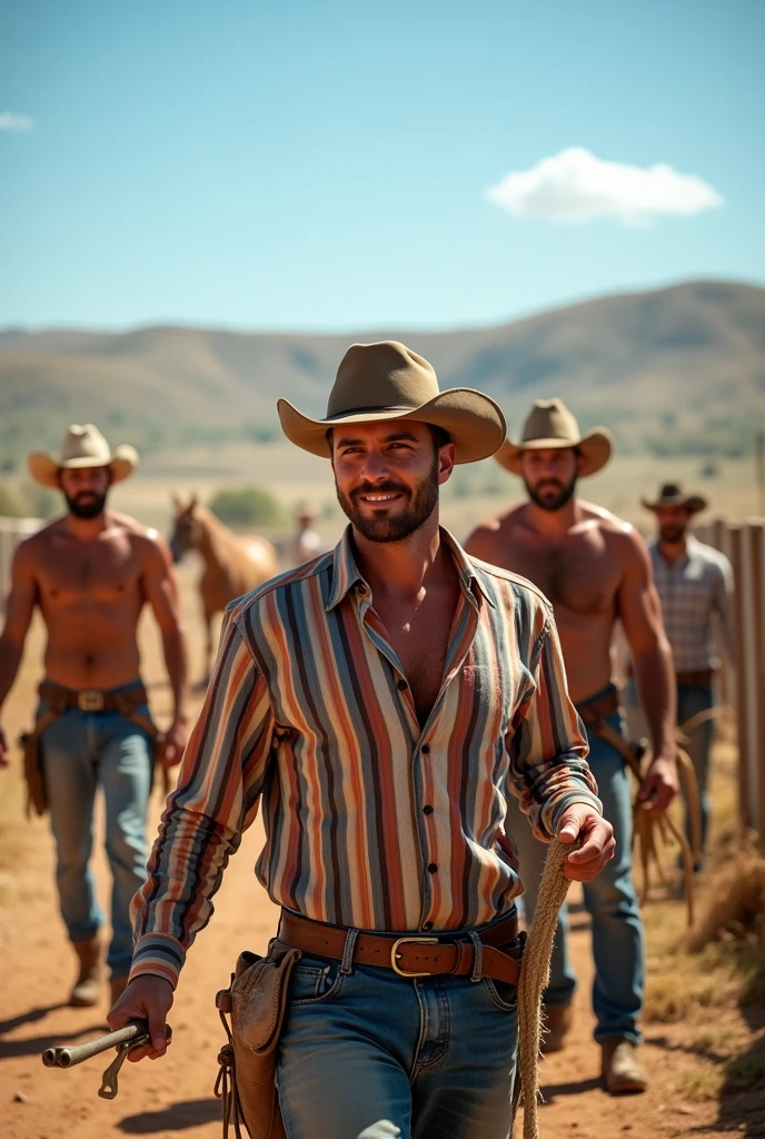 5 cowboy men working on a horse farm some shirtless and another wearing a striped shirt and a handsome young
