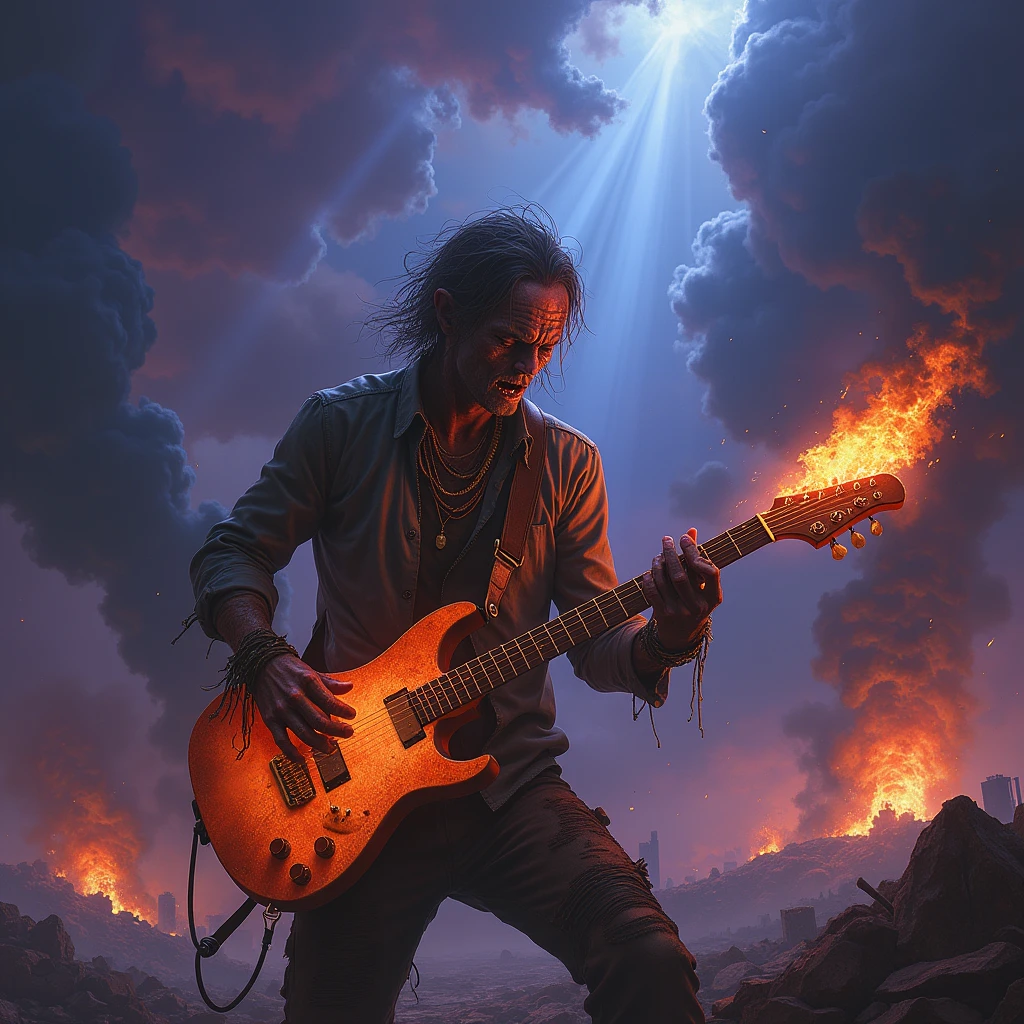 create the image of a zombie playing a les paul guitar on fire as the world ends, the dark sky causing a climate of catastrophe while blue rays fall causing destruction