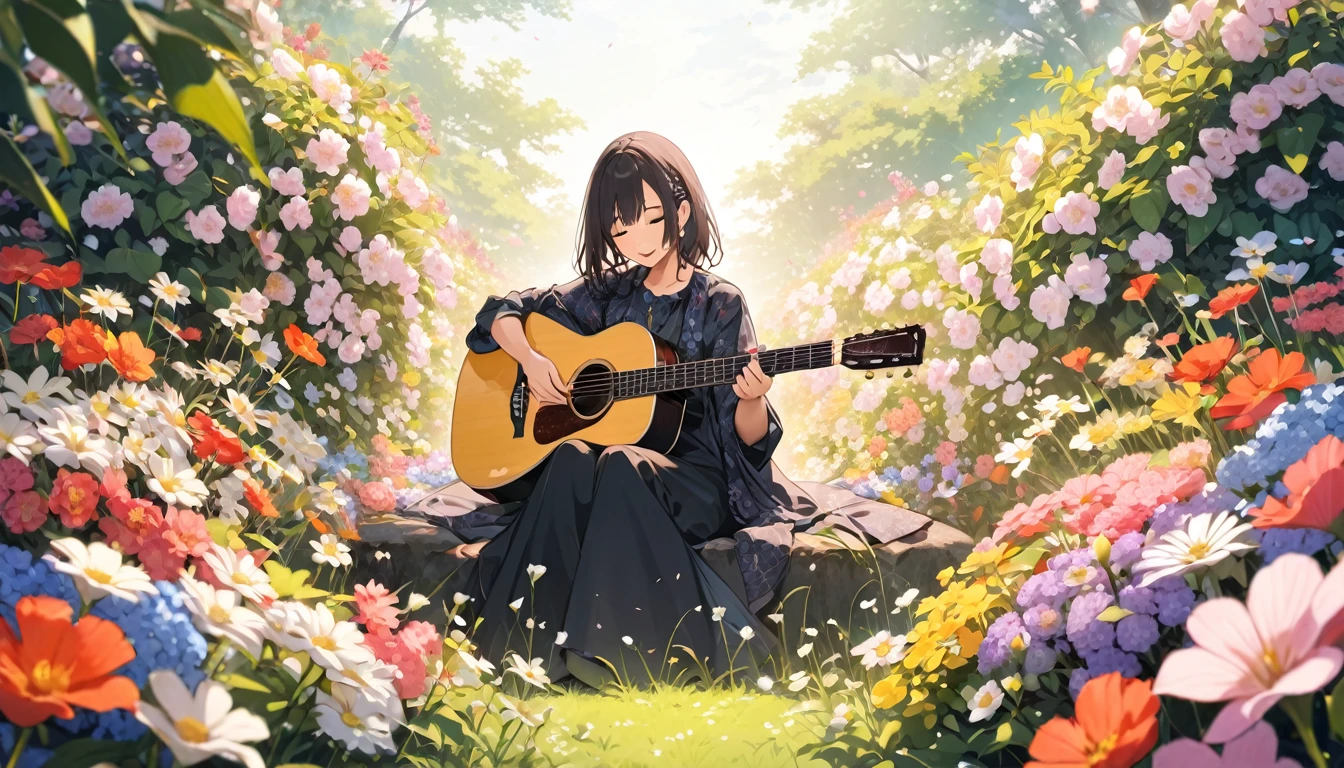 Highest quality,Woman playing acoustic guitar,Asahi,Surrounded by flowers
