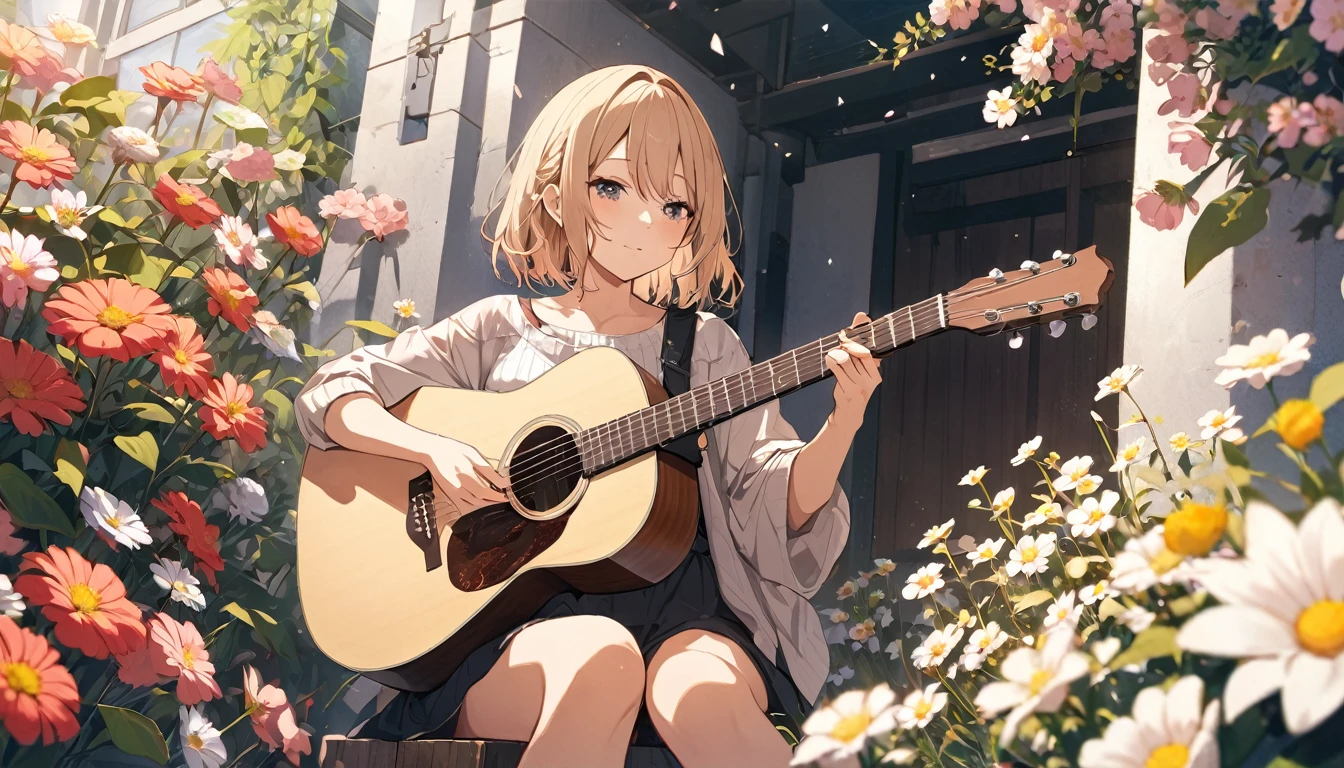 Highest quality,Woman playing acoustic guitar,Asahi,Surrounded by flowers