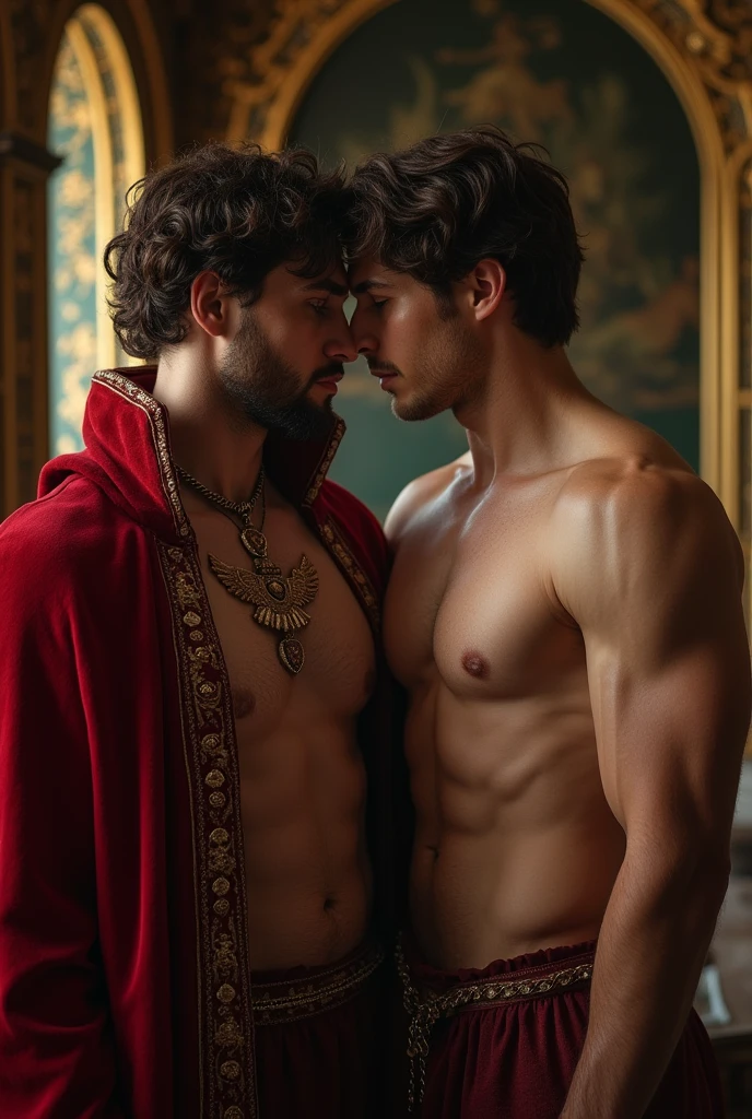 (best quality,4k,8k,highres,masterpiece:1.2),ultra-detailed,(realistic,photorealistic,photo-realistic:1.37),dramatic lighting,baroque castle,portraits,Two men, servant, servant, king,naked torso,homoeroticism,king and servant,handsome, beautiful boy,perfect anatomy,perfect skin,white skin,European boy The above is a prompt generated based on the theme you gave.，Please use this prompt directly for Stable Diffusion to generate images.。